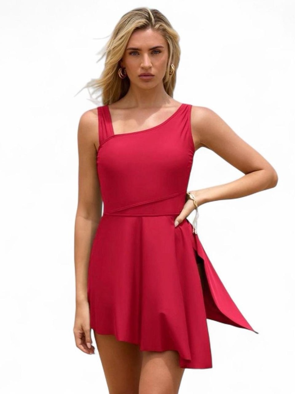 Charmo Asymmetric One-Shoulder Red Swimdress